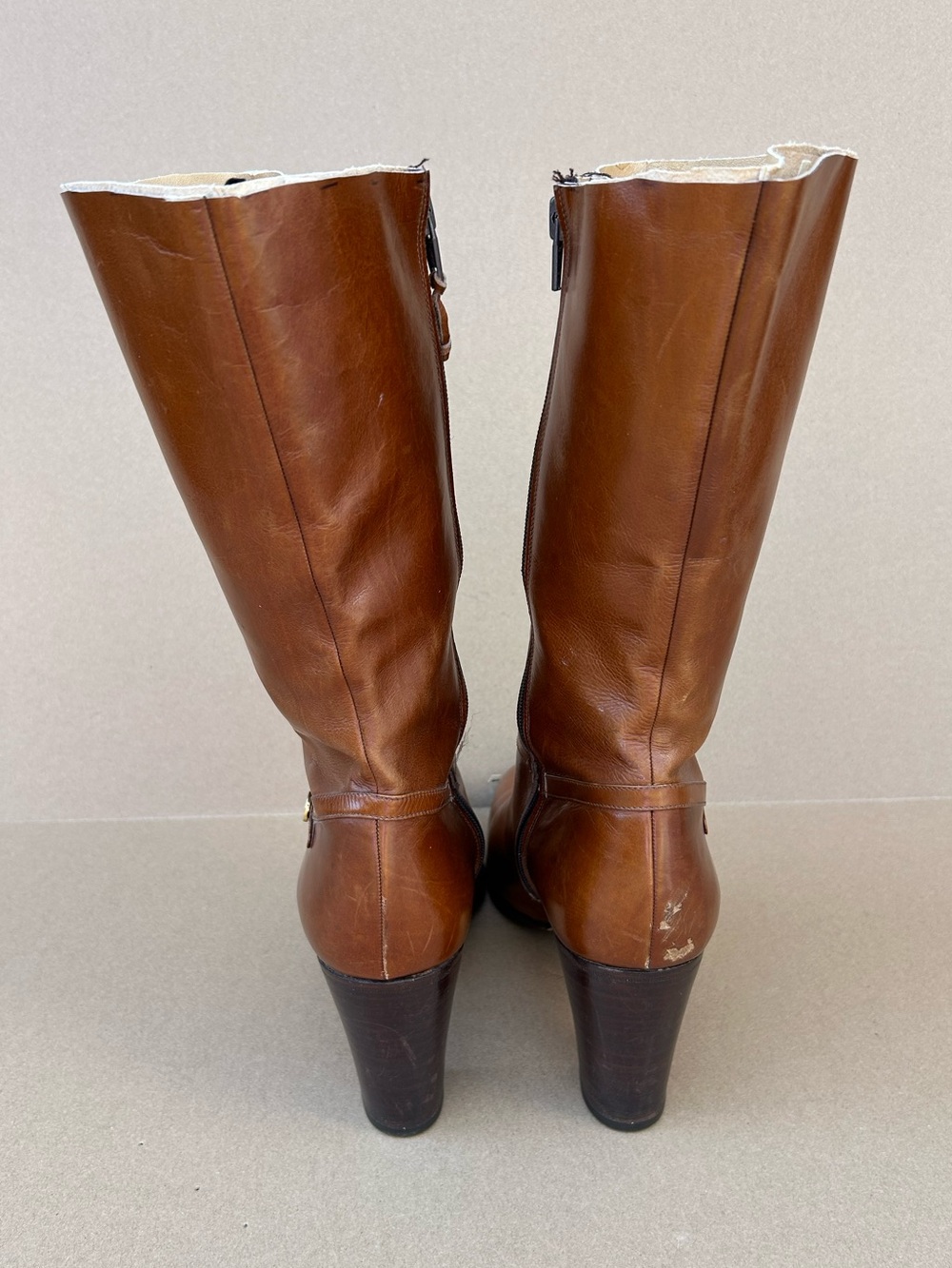Vintage Ferragamo Leather Heeled Boots 10M Mid Calf Zip Up Classic Gold Upcycled - Picture 4 of 14